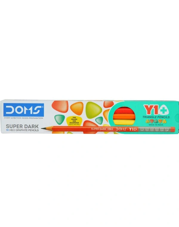 Doms DOMS Y1 + Super Dark HB/2 Graphite Pencil Box Pack | Triangular Shape For Easy Hold & Comfortable Writing | Free One Eraser & Sharpner With Each Pack | Set Of 10 Pencils 