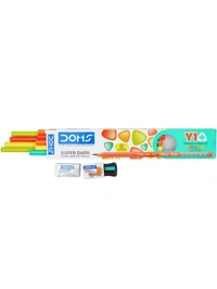 Doms DOMS Y1 + Super Dark HB/2 Graphite Pencil Box Pack | Triangular Shape For Easy Hold & Comfortable Writing | Free One Eraser & Sharpner With Each Pack | Set Of 10 Pencils 