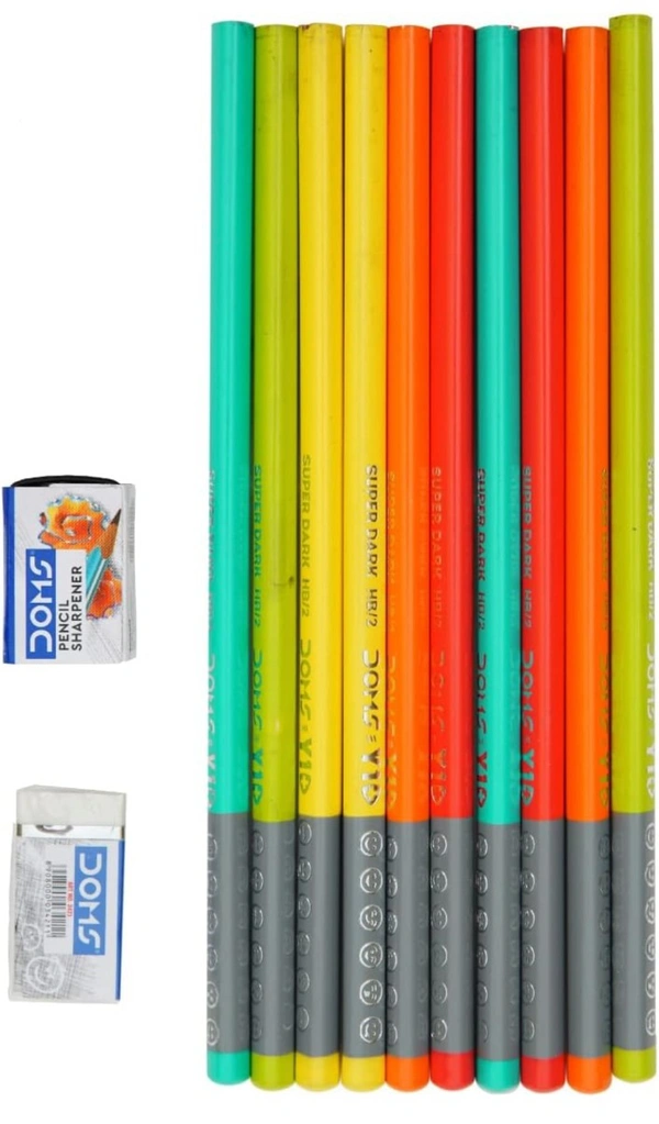 Doms DOMS Y1 + Super Dark HB/2 Graphite Pencil Box Pack | Triangular Shape For Easy Hold & Comfortable Writing | Free One Eraser & Sharpner With Each Pack | Set Of 10 Pencils 
