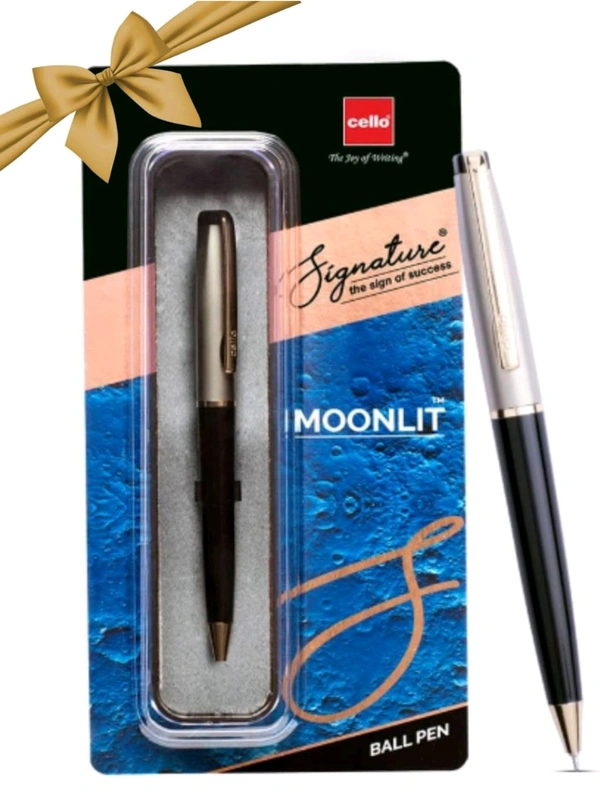 Cello Signature Moonlit Ball Pen | Blue Ink | 1 Ball Pen | White Gold, Black & Gold Finish | Premium Metal Pen for Gift | Stylish Corporate & New Year Gifts for Men & Women - Blue
