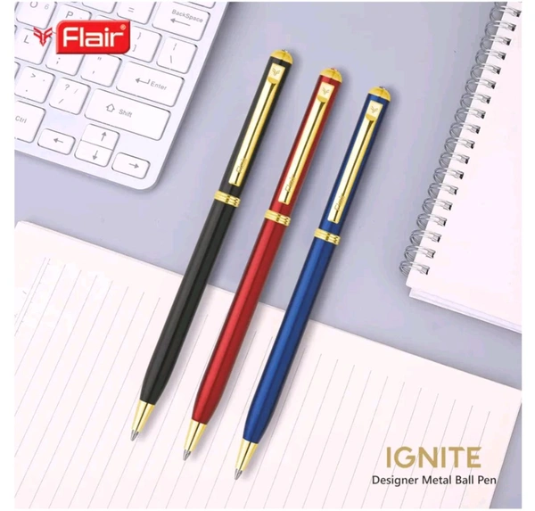 Flair Platinum Series Ignite Ball Pen Blister Pack | Swiss Tip Technology With Twist Mechanism | Sleek Design With Red Color Metal Body | Crystal Studded On Top | Blue Ink, Pack Of 1 - Blue