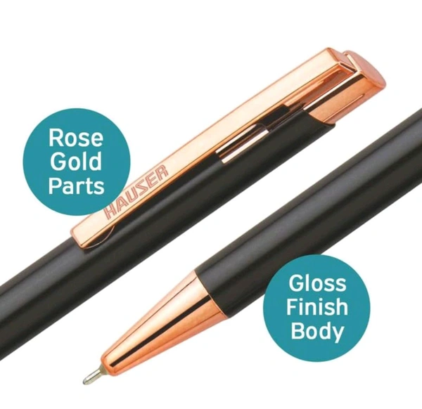 Hauser Aurus Rose Gold Metal Ball Pen | Retractable Mechanism, Shiny & Attractive Metal Body | Ideal For Corporate Gifting, Festive Gifting | Blue Ink, of 1 Pen - Blue