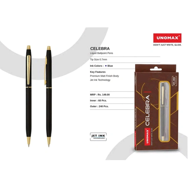 Unomax  UNOMAX Celebra Ball Pen with Jet Ink Technology, Set of 1 | Matt Black Body with Glossy Gold Plated Clip | 0.7mm Tip, Use for fine writing, Perfect for gifting - Blue