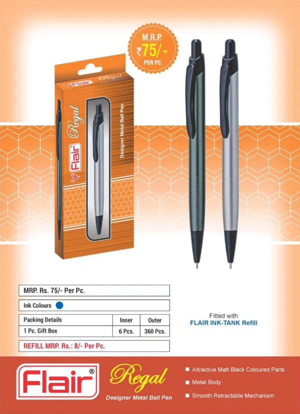 Flair FLAIR Regal Metal Ball Pen Box Pack | Retractable Mechanism with Comfortable Grip for Easy Handling | Shiny & Attractive Metal Body | Ideal for Gifting | Blue Ink, Pack of 1 Pen - Blue
