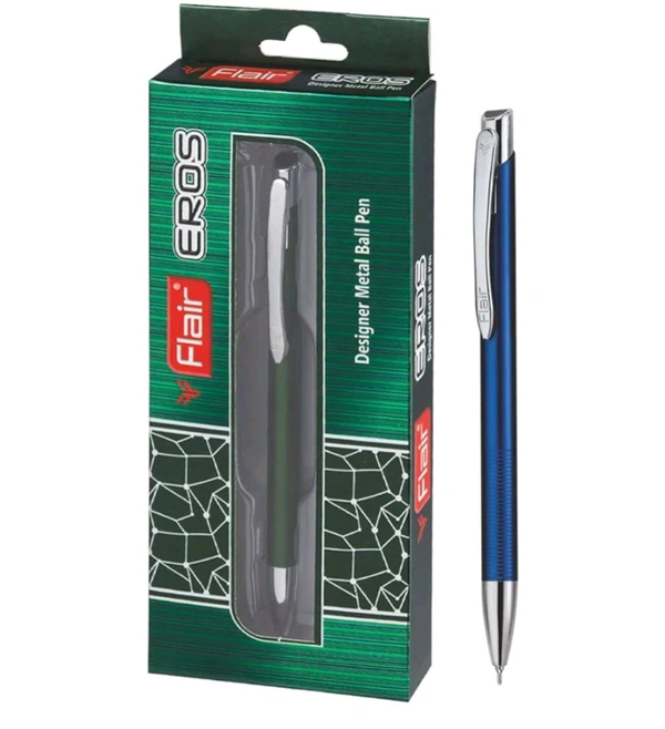 Flair FLAIR Eros Ball Pen Box Pack | Retractable Mechanism with Stylish Long Clip | Attractive Metal Body, Trims at Grip for Better Hold | Blue Ink - Blue