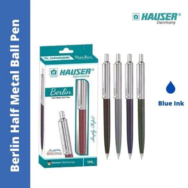 Hauser Berlin Half Metal Ball Pen Box Pack | Retractable Mechanism With Smudge Free Writing | Attractive Designer Pen | Smooth, Sturdy, Refillable Pen | Ideal For Gifting | Blue Ink - Blue