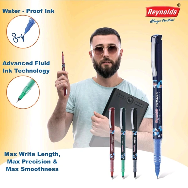 Reynolds TRIMAX 1 CT POUCH - BLUEI Lightweight Roller Pen With Comfortable Grip for Extra Smooth Writing I School and Office Stationery | 0.5mm Tip Size - Blue