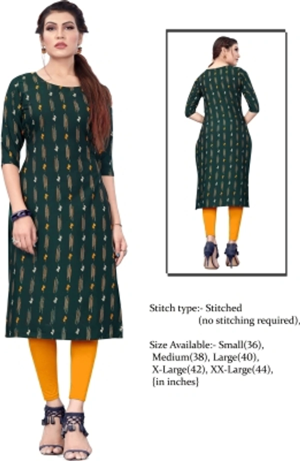 Women Printed KurtaColor :Dark GreenColor Code :Greenfabric :CrepeIdeal For :WomenLength Type :Calf LengthNeck Type :Round Necksize :XXL3 Days Return Policy, No questions asked. - M
