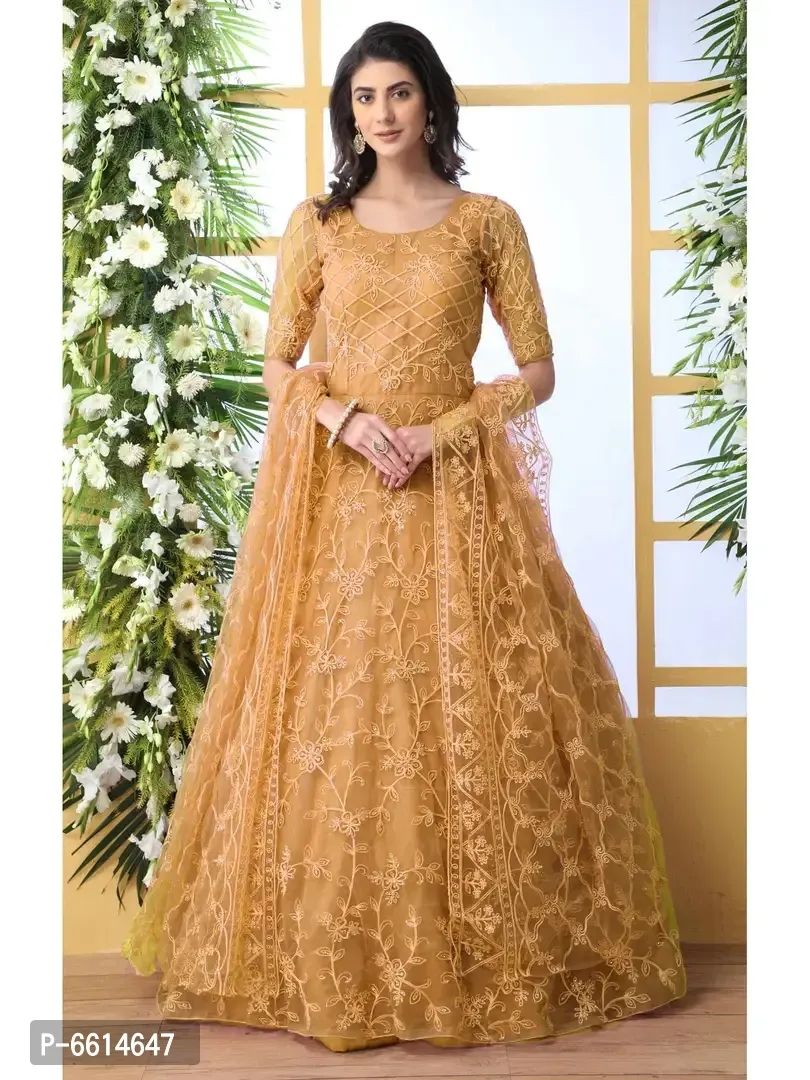 Traditional Function Wear Gown With Dupatta Collection Brown Heavy  Butterfly Net Gown | Net dupatta designs, Gown with dupatta, Net gowns