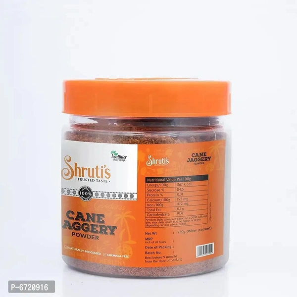 Shrutis Natural Jaggery Powder _ Pure  healthy _ Natural delicious sweetener _ 250 GM JAR _ Pack of 1 _ Ingredient Type:  Vegetarian Packaging Type:  Plastic PackagingQuantity (gm): 350.0 (in grams)Quantity (kg): 0.35 (in kg)Within 6-8 business days However, to find out an actual date of delivery, please enter your pin code.SHRUTIS Jaggery _Gur_ is a natural, traditional sweetener 