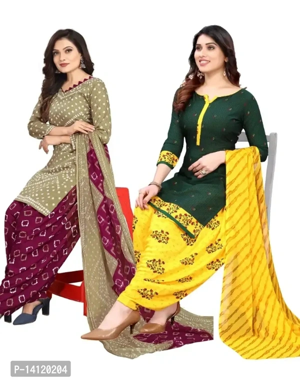 Unstitched Crepe Salwar Suit Material Floral Print, Printed, Geometric Print Color:  Yellow Fabric:  Crepe Type:  Dress Material with Dupatta Style:  Floral PrintTop Length: 2.2 (in metres)Bottom Length: 2.0 (in metres)Dupatta Length: 2.25 (in metres)Within 6-8 business days However, to find out an actual date of delivery, please enter your pin code.Pack Of 2 Unstitched Dress Mater