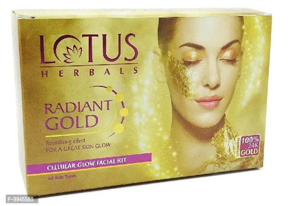 LOTUS HERBALS RADIANT GOLD FACIAL KIT _01 Type:  Facial Kits Suitable For:  All Skin TypeWithin 6-8 business days However, to find out an actual date of delivery, please enter your pin code.Lotus Herbals Radiant Gold Facial Kit contains: One Radiant Gold Exfoliating Cleanser - this creamy exfoliating cleanser boosts radiance and brightens the texture level by deep cleansing the ski