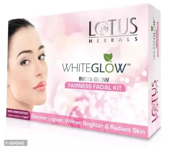 LOTUS HERBALS WHITEGLOW INSTA GLOW FACIAL KIT _01 WITH FIVE EASY STEPS Type:  Facial Kits Suitable For:  All Skin TypeWithin 6-8 business days However, to find out an actual date of delivery, please enter your pin code.Whiteglow Insta Glow Fairness Facial Kit is a unique facial to discover lighter whiter, brighter and truly radiant skin.This Facial gives the complete benefit of the