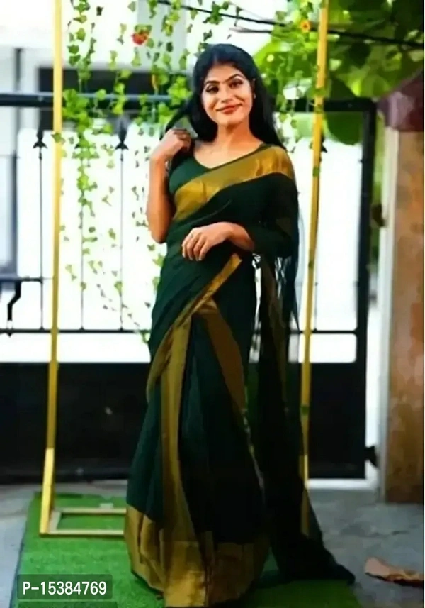 Chiffon Zari Border Saree with Blouse Piece Fabric:  Chiffon Type:  Saree with Blouse piece Style:  ZariSaree Length: 5.5 (in metres)Blouse Length: 0.8 (in metres)Within 6-8 business days However, to find out an actual date of delivery, please enter your pin code.null