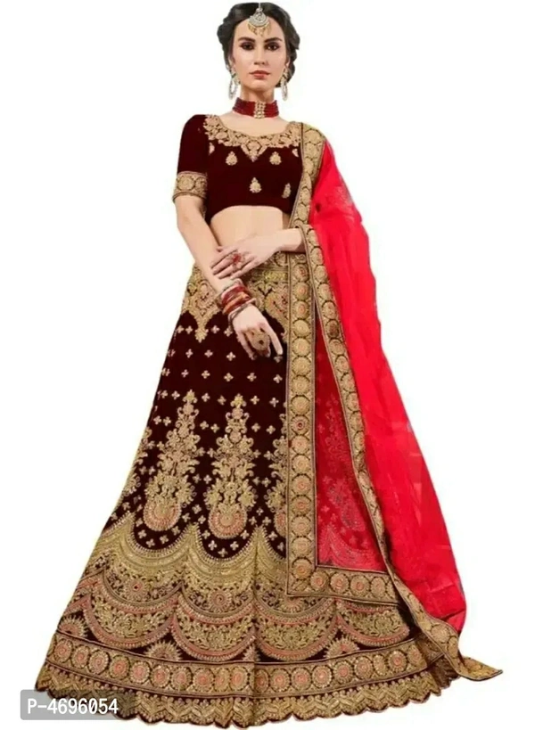 Latest Attractive Velvet Embroidered Semi Stitched Lehenga Choli Color:  Maroon Fabric:  Velvet Type:  Semi Stitched Style:  EmbroideredWaist: 41.0 - 43.0 (in inches)Bust: 44.0 - 46.0 (in inches)Within 6-8 business days However, to find out an actual date of delivery, please enter your pin code.lehenga fabric: Velvet Blouse fabric: Velvet Dupatta : Net lehenga fler(Gher) :2mtrs Wai