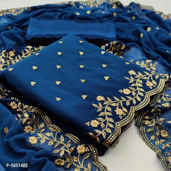 Exclusive Georgette Dress Material with Dupatta Color:  Blue Fabric:  Georgette Type:  Dress Material with Dupatta Style:  EmbroideredTop Length: 2.0 (in metres)Bottom Length: 2.0 (in metres)Dupatta Length: 2.25 (in metres)Within 6-8 business days However, to find out an actual date of delivery, please enter your pin code.Exclusive Georgette Dress Material with Dupatta