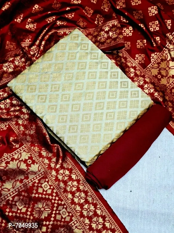 Trendy Jacquar UN-Stitched Salwar Suit With Banarasi DupattaTop Length: 2.0 (in metres)Bottom Length: 2.0 (in metres)Dupatta Length: 2.25 (in metres)Fabric Length: 2.0 (in meters)Within 6-8 business days However, to find out an actual date of delivery, please enter your pin code.Top-Banarasi Silk Bottom-Heavy Crepe Dupatta-Banarasi Silk Top Work-Woven Design Bottom Work-Plian Dupat