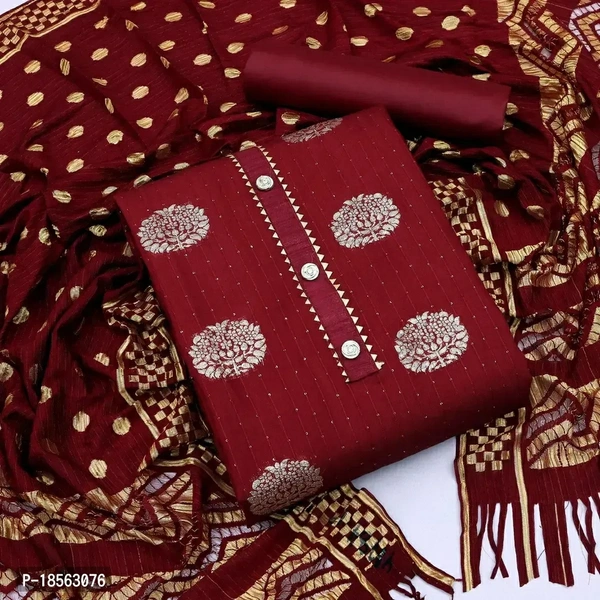 Stylish Fancy Cotton Blend Unstitched Dress Material Top With Bottom Wear And Dupatta Set For Women Fabric:  Cotton Blend Type:  Dress Material with DupattaTop Length: 2.0 (in metres)Bottom Length: 2.0 (in metres)Dupatta Length: 2.2 (in metres)Within 6-8 business days However, to find out an actual date of delivery, please enter your pin code.Stylish Fancy Cotton Blend Unstitched D