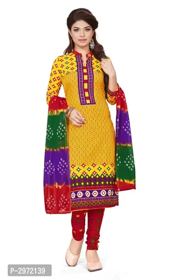 Trendy Yellow Printed Crepe Dress Material with DupattaTop Length: 2.25 (in metres)Bottom Length: 2.0 (in metres)Dupatta Length: 2.0 (in metres)Within 6-8 business days However, to find out an actual date of delivery, please enter your pin code.Trendy Yellow Printed Crepe Dress Material with Dupatta