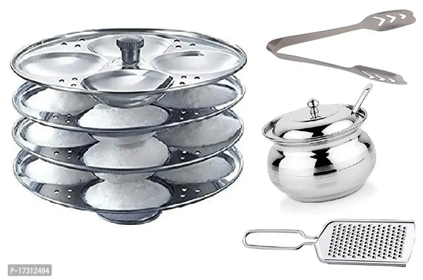 Combo Of Stainless Steel 4 Plate Idli Baking Tools And Accessories Stand (16 Slot), Steel Cheese Grater, Stainless Steel Momos/Ice Tong With Steel Ghee/Oil Pot Material:  Stainless Steel Type:  Jars & ContainersLength: 20.0 (in cm)Width: 15.0 (in cm)Height: 10.0 (in cm)Within 6-8 business days However, to find out an actual date of delivery, please enter your pin code.Combo Of Stai