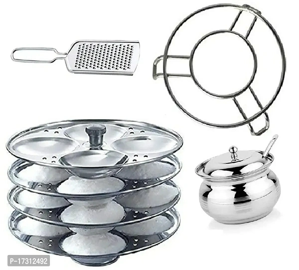 Combo Of Stainless Steel 4 Plate Idli Baking Tools And Accessories Stand (16 Slot), Steel Cheese Grater, Stainless Steel Momos/Ice Tong With Steel Ghee/Oil Pot Material:  Stainless Steel Type:  Jars & ContainersLength: 20.0 (in cm)Width: 15.0 (in cm)Height: 10.0 (in cm)Within 6-8 business days However, to find out an actual date of delivery, please enter your pin code.Combo Of Stai