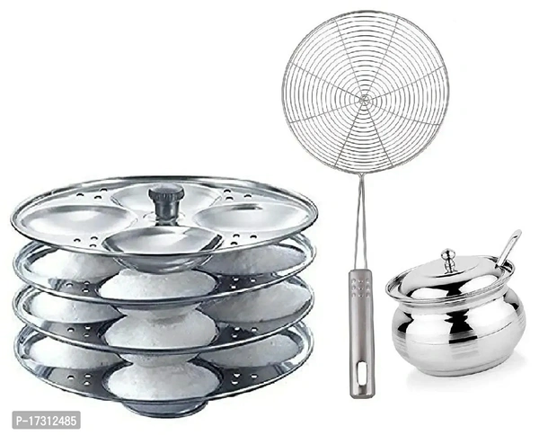 Combo Of Stainless Steel 4 Plate Idli Baking Tools And Accessories Stand (16 Slot), Stainless Steel Deep Fry Strainer With Stainless Steel Ghee/Oil Pot Material:  Stainless Steel Type:  Jars & ContainersLength: 20.0 (in cm)Width: 15.0 (in cm)Height: 10.0 (in cm)Within 6-8 business days However, to find out an actual date of delivery, please enter your pin code.Combo Of Stainless St