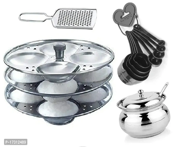 Combo Of Stainless Steel 3 Plate Idli Baking Tools And Accessories Stand (12 Slot), Steel Cheese Grater, Stainless Steel Ghee/Oil Pot With Plastic 8Pcs Measuring Cup And Spoon Material:  Stainless Steel Type:  Jars & ContainersWithin 6-8 business days However, to find out an actual date of delivery, please enter your pin code.Combo Of Stainless Steel 3 Plate Idli Baking Tools And A