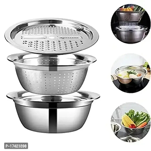 3 in 1 Stainless Steel Basin Grater Colander with Lids, Kitchen Salad Mixing Bowls with Strainers,Cheese Cutter Slicer Basket for Vegetables Fruit Rice Food Washing, Shredding Set for Cooking Type:  Graters & Slicers Dishwasher Safe:  Yes Net Contents:  Pack Of 3 Material:  SteelLength: 20.0 (in cm)Width: 10.0 (in cm)Height: 10.0 (in cm)Capacity: 2000.0 (in ml)Within 7-9 business d