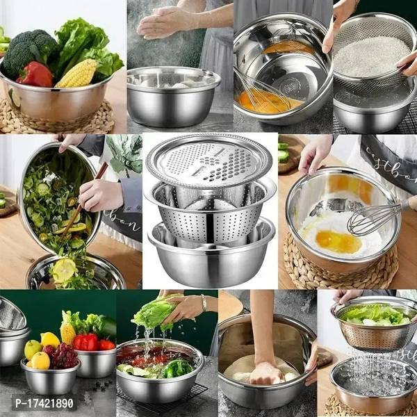 3 in 1 Stainless Steel Basin Grater Colander with Lids, Kitchen Salad Mixing Bowls with Strainers,Cheese Cutter Slicer Basket for Vegetables Fruit Rice Food Washing, Shredding Set for Cooking Type:  Graters & Slicers Dishwasher Safe:  Yes Net Contents:  Pack Of 3 Material:  SteelLength: 20.0 (in cm)Width: 10.0 (in cm)Height: 10.0 (in cm)Capacity: 2000.0 (in ml)Within 7-9 business d
