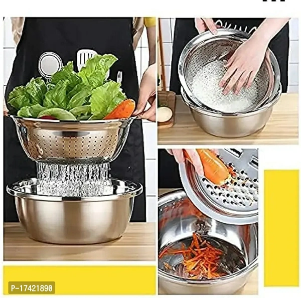 3 in 1 Stainless Steel Basin Grater Colander with Lids, Kitchen Salad Mixing Bowls with Strainers,Cheese Cutter Slicer Basket for Vegetables Fruit Rice Food Washing, Shredding Set for Cooking Type:  Graters & Slicers Dishwasher Safe:  Yes Net Contents:  Pack Of 3 Material:  SteelLength: 20.0 (in cm)Width: 10.0 (in cm)Height: 10.0 (in cm)Capacity: 2000.0 (in ml)Within 7-9 business d