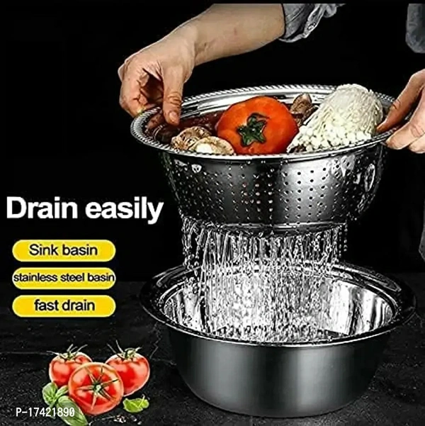3 in 1 Stainless Steel Basin Grater Colander with Lids, Kitchen Salad Mixing Bowls with Strainers,Cheese Cutter Slicer Basket for Vegetables Fruit Rice Food Washing, Shredding Set for Cooking Type:  Graters & Slicers Dishwasher Safe:  Yes Net Contents:  Pack Of 3 Material:  SteelLength: 20.0 (in cm)Width: 10.0 (in cm)Height: 10.0 (in cm)Capacity: 2000.0 (in ml)Within 7-9 business d
