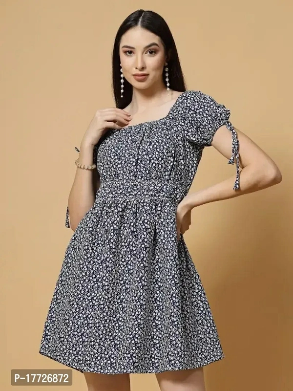 Womens Blue Square Neck Tie Sleeve Floral Printed DressSize: SMLXL2XL Fabric:  CrepeWithin 6-8 business days However, to find out an actual date of delivery, please enter your pin code. - S