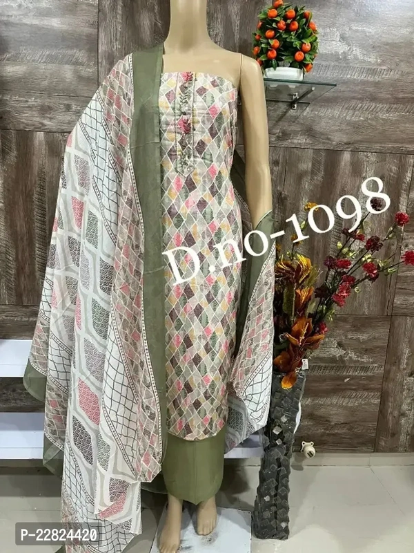 Fancy Cotton Unstitched Dress Material for Women Fabric:  Cotton Type:  Dress Material with DupattaTop Length: 2.5 (in metres)Bottom Length: 2.25 (in metres)Dupatta Length: 2.2 (in metres)Within 6-8 business days However, to find out an actual date of delivery, please enter your pin code.Fancy Cotton Unstitched Dress Material for Women, Top fabric - cotton Bottom fabric- cotton Dup