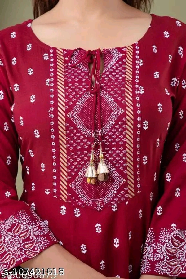 Checkout this latest Dupatta SetsProduct Name: *Womens Rayon Kurti With Duppata And Bottomwear 3 Pice Set*Kurta Fabric: RayonFabric: RayonBottomwear Fabric: RayonSleeve Length: Three-Quarter SleevesPattern: PrintedSet Type: Kurta with Dupatta and BottomwearStitch Type: StitchedNet Quantity (N): Singleexplores the collection of beautifully designed Anarkali Kurti. Each piece is eleg - XXXL