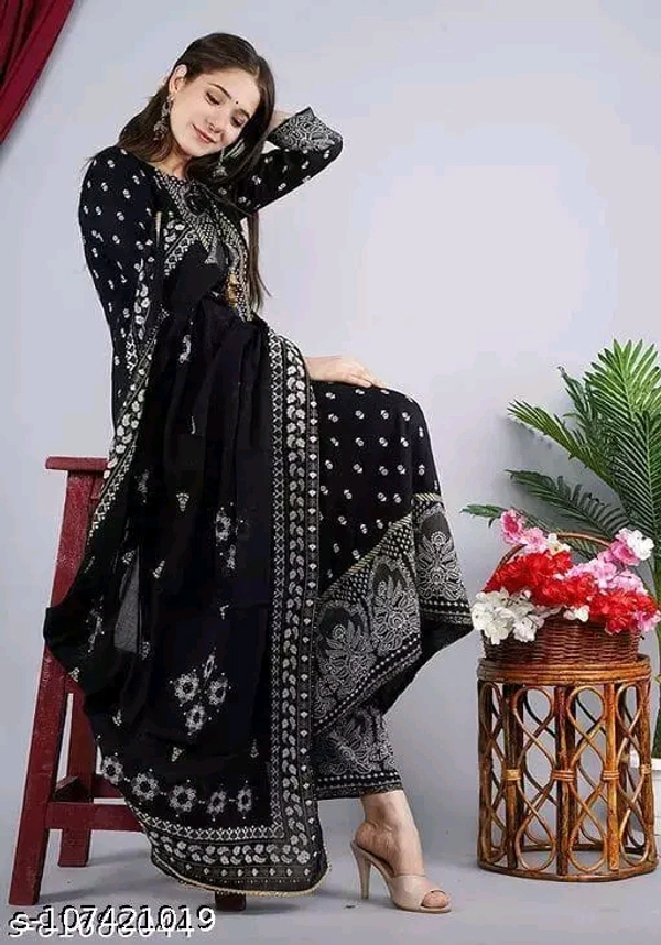 Womens Rayon Kurti With Duppata And Bottomwear 3 Pice SetName: Womens Rayon Kurti With Duppata And Bottomwear 3 Pice SetKurta Fabric: RayonFabric: RayonBottomwear Fabric: RayonSleeve Length: Three-Quarter SleevesPattern: PrintedSet Type: Kurta with Dupatta and BottomwearStitch Type: StitchedNet Quantity (N): Singleexplores the collection of beautifully designed Anarkali Kurti. Each - S
