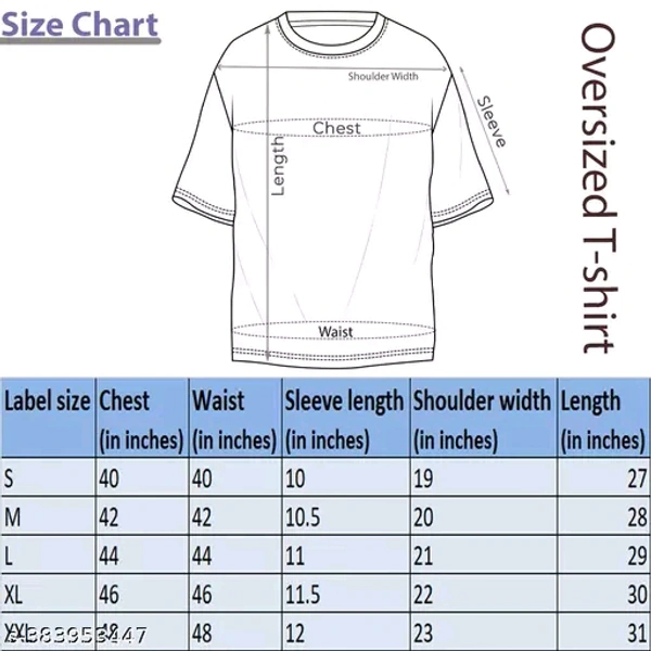 Cotton Blend Oversize T-shirt, Pack of 1Name: Cotton Blend Oversize T-shirt, Pack of 1Fabric: Cotton BlendSleeve Length: Short SleevesPattern: PrintedNet Quantity (N): 1Sizes:S (Chest Size: 40 in, Length Size: 27 in) M (Chest Size: 42 in, Length Size: 28 in) L (Chest Size: 44 in, Length Size: 29 in) XL (Chest Size: 46 in, Length Size: 30 in) Printed T-shirt for Men Half sleeves. Ov - m