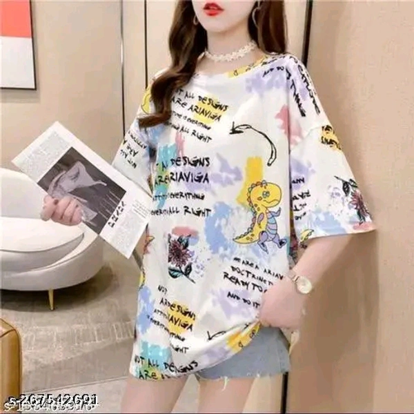 Stylish Loose Fit Tshirt for WomenName: Stylish Loose Fit Tshirt for WomenFabric: LycraSleeve Length: Short SleevesPattern: PrintedNet Quantity (N): 1Sizes:S (Bust Size: 30 in) M (Bust Size: 32 in) L (Bust Size: 34 in) XL (Bust Size: 36 in) XXL (Bust Size: 38 in) XXXL (Bust Size: 40 in) Bust Size - S - 30" ; M - 32" ; L - 34" ; XL - 36" ; XXL - 38" ; XXXL - 40".Note - Bust Size men - XXL