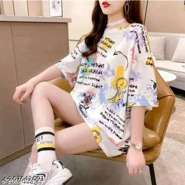 Stylish Loose Fit Tshirt for WomenName: Stylish Loose Fit Tshirt for WomenFabric: LycraSleeve Length: Short SleevesPattern: PrintedNet Quantity (N): 1Sizes:S (Bust Size: 30 in) M (Bust Size: 32 in) L (Bust Size: 34 in) XL (Bust Size: 36 in) XXL (Bust Size: 38 in) XXXL (Bust Size: 40 in) Bust Size - S - 30" ; M - 32" ; L - 34" ; XL - 36" ; XXL - 38" ; XXXL - 40".Note - Bust Size men - XXL