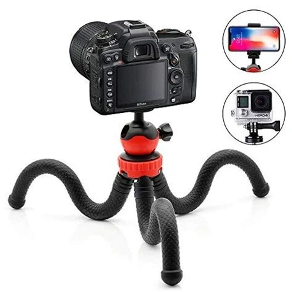 Flexible Gorillapod Tripod with 360 Rotating Ball Head Tripod for All DSLR Cameras(Max Load 1.5 kgs) & Mobile Phones + Free Heavy Duty Mobile Holder(Black) (12 Inch, Black and Red)