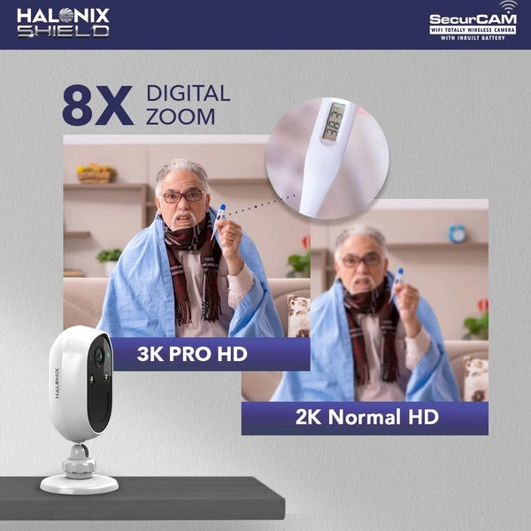 Halonix SecurCAM Totally Wireless 3MP 3K Pro HD Wi-Fi Smart Home Security Camera with Inbuilt Battery| 8X Digital Zoom| No Power Cord | No Screws/Drilling| 2 Way Audio| Colored Night Vision 2yr Full Replacement