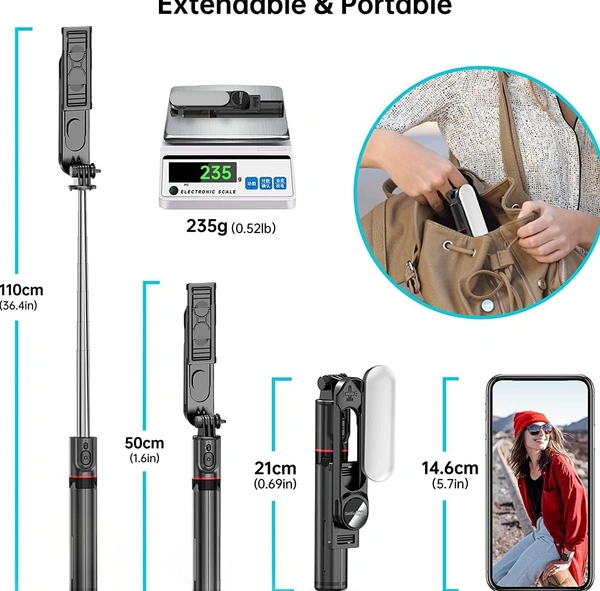 Selfie Stick Tripod with Fill Removable Light, 360 Degree Rotation, 44 inch Extendable Selfie Stick with Detachable Wireless Remote for Youtubers Live Video, Vlogging for with All Smartphones