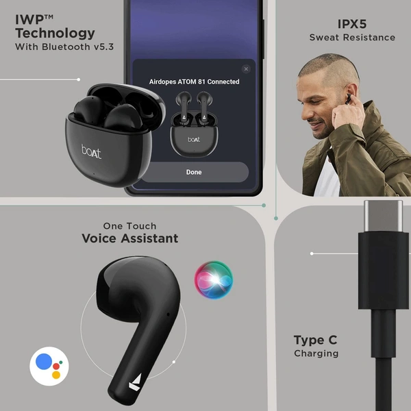boAt Airdopes Atom 81 True Wireless Earbuds with Upto 50H Playtime, Quad Mics ENx™ Tech, 13MM Drivers,Super Low Latency(50ms), ASAP™ Charge, BT v5.3 - Black