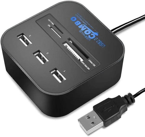 All in One 3 USB Ports and All in One Card Reader, USB 2.0, for Pen Drives/Cameras/Mobiles/Pc/Laptop/Notebook/Tablet, Docking Station, Ms/Ms Pro/Sd/Micro Sd Support