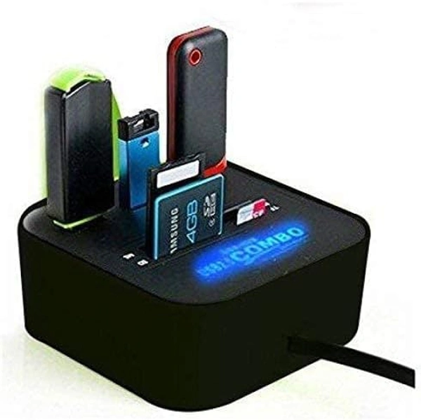 All in One 3 USB Ports and All in One Card Reader, USB 2.0, for Pen Drives/Cameras/Mobiles/Pc/Laptop/Notebook/Tablet, Docking Station, Ms/Ms Pro/Sd/Micro Sd Support