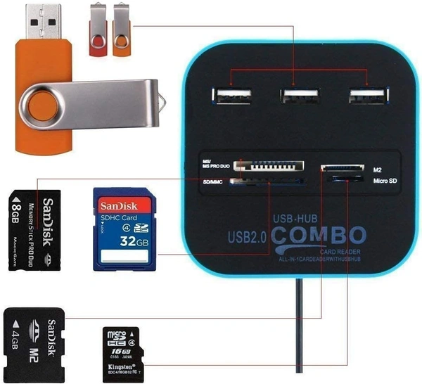 All in One 3 USB Ports and All in One Card Reader, USB 2.0, for Pen Drives/Cameras/Mobiles/Pc/Laptop/Notebook/Tablet, Docking Station, Ms/Ms Pro/Sd/Micro Sd Support