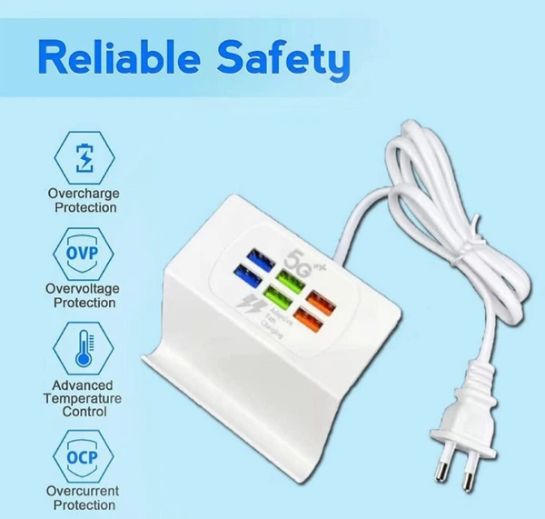 6 USB High Speed Socket Stand Charger 3.1a | for Mobile Charger, USB Charging Station for Multiple Devices Smart Phone Tablet Smart Watch 6 Port iPhone & Android Compatibility|White