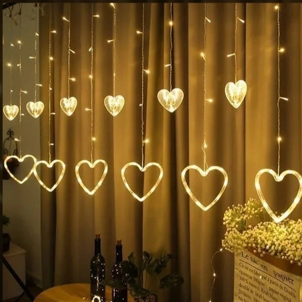 Heart Shape Curtain String Lights with 8 Flashing Modes Decoration (12 Hearts, Warm White), Prong Base, Pack of 1 Warm White