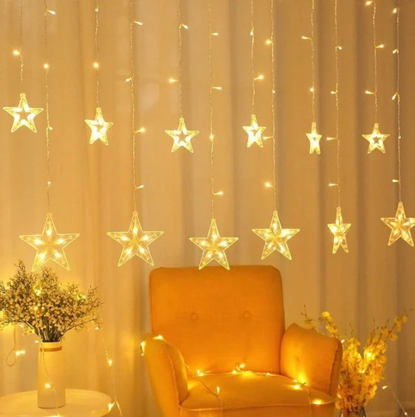 Star Shape Curtain String Warm  Lights with 8 Flashing Modes Decoration (12 Hearts, Warm White), Prong Base, Pack of 1 Warm White