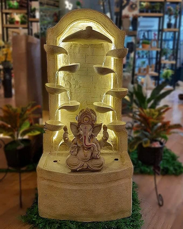 Water Fountain 4.5ft Diya Ganesh Fiber Water Fountain for Living Room Home Decor Garden Patio Deck Porch with LED Lights Water Pump - 4.5Ft