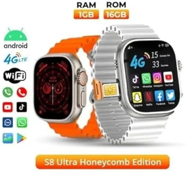 Ultra Smartwatch - 4G Simcard Supported Android Smartwatch - Black